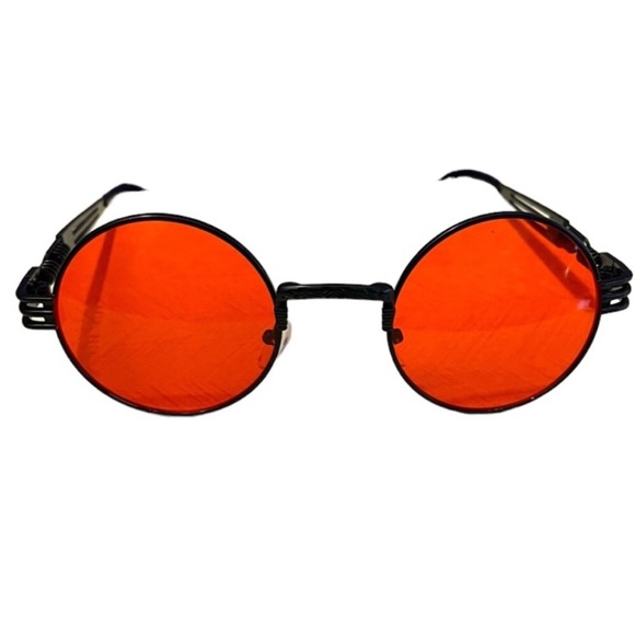 Black & red round shape gothic steam punk sunglasses + black leather pouch - Picture 9 of 15